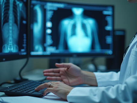 A doctor analyzes images on dual monitors, focusing on diagnosing patient health.