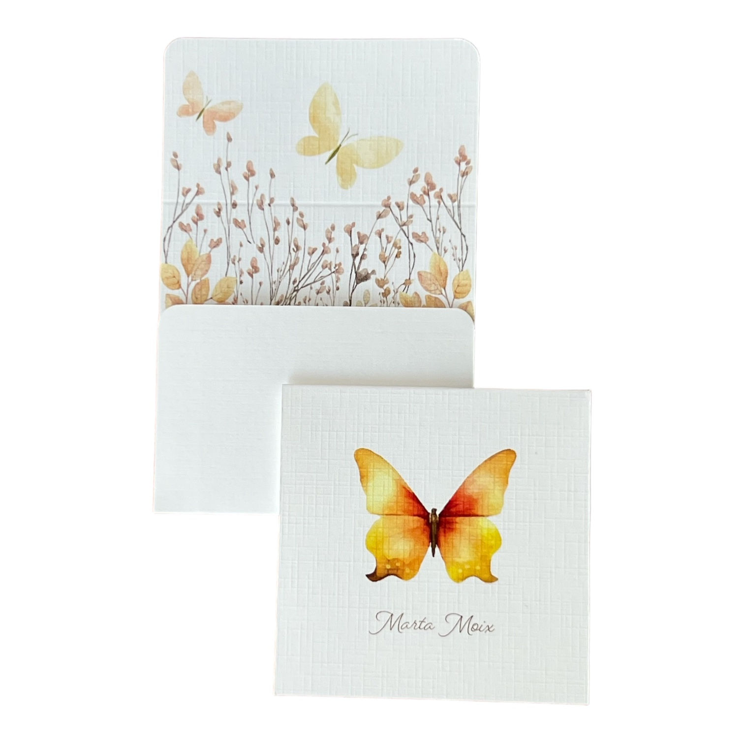 Cartões de Agradecimento Personalizados. 
Modelo Butterfly. 
Ilustração exclusiva.
Formato 90 x 90mm. 
Papel Markatto alta gramatura. 