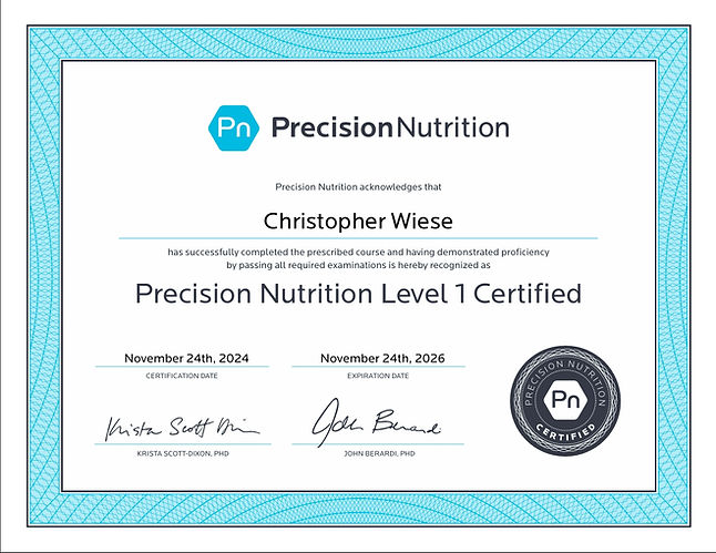 Precision Nutrition Course Certificate for level one nutrition