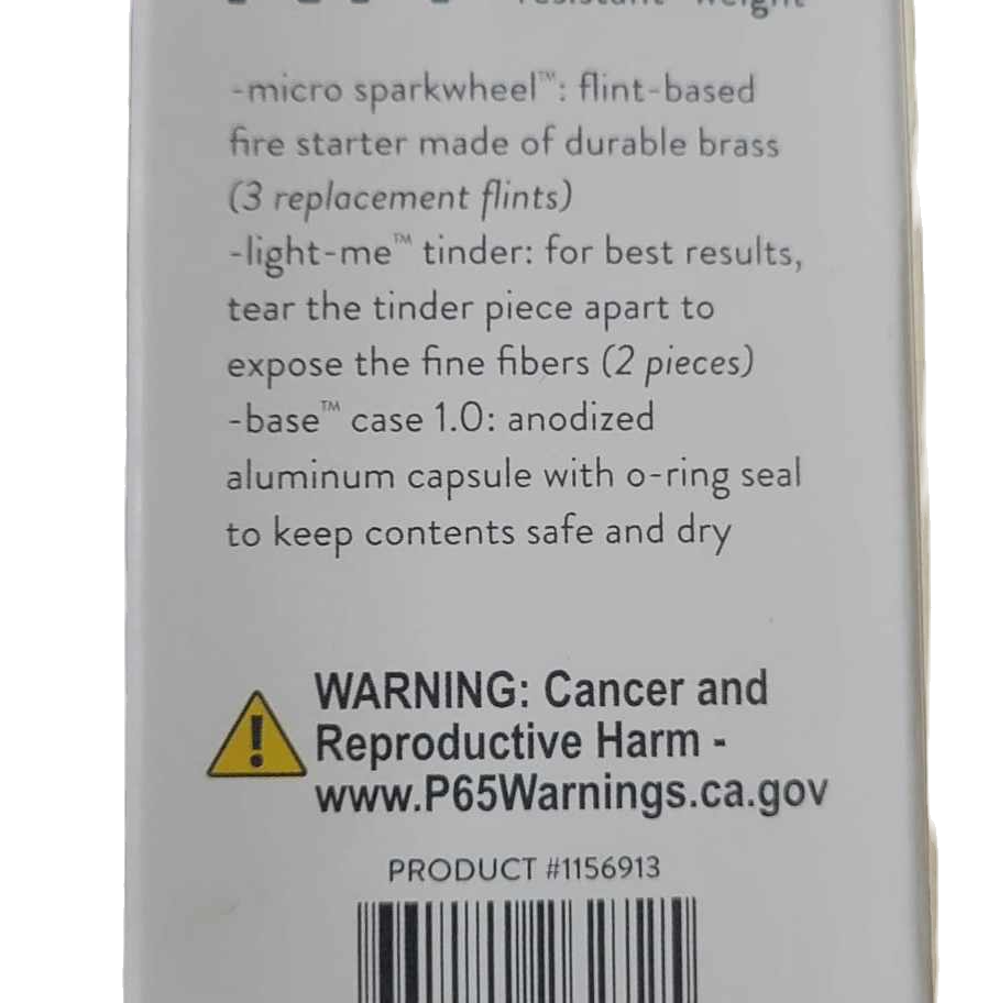 Product features: fire starter, tinder, aluminum capsule. WARNING: Cancer and Reproductive Harm.