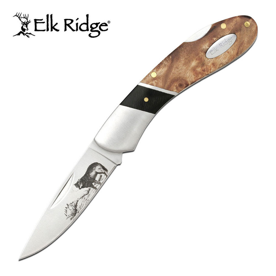 Elk Ridge folding knife with wood handle and engraved blade