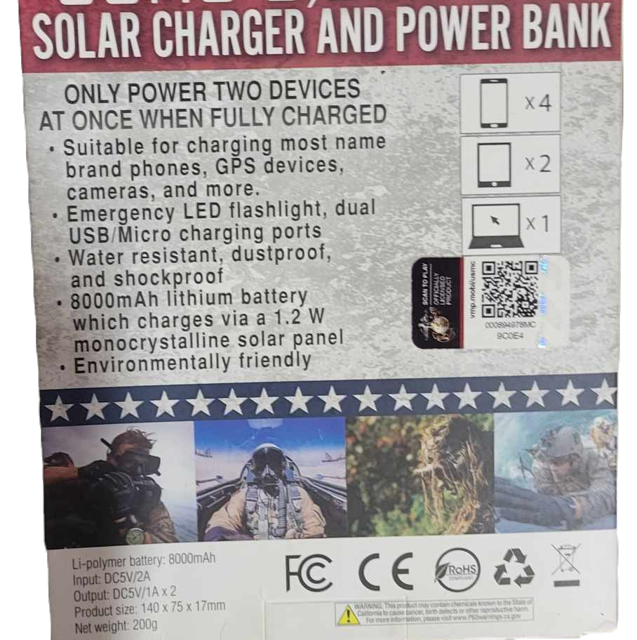 Solar charger and power bank, 8000mAh, water-resistant