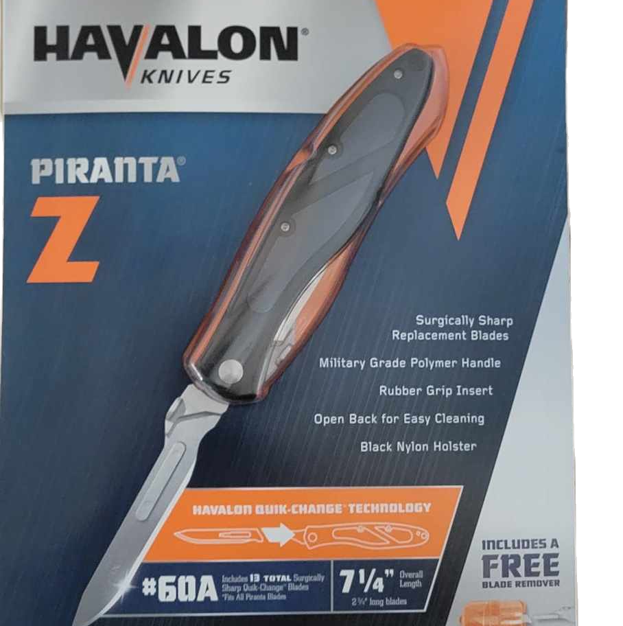 Havalon Piranta Z knife packaging, showing features and blade.