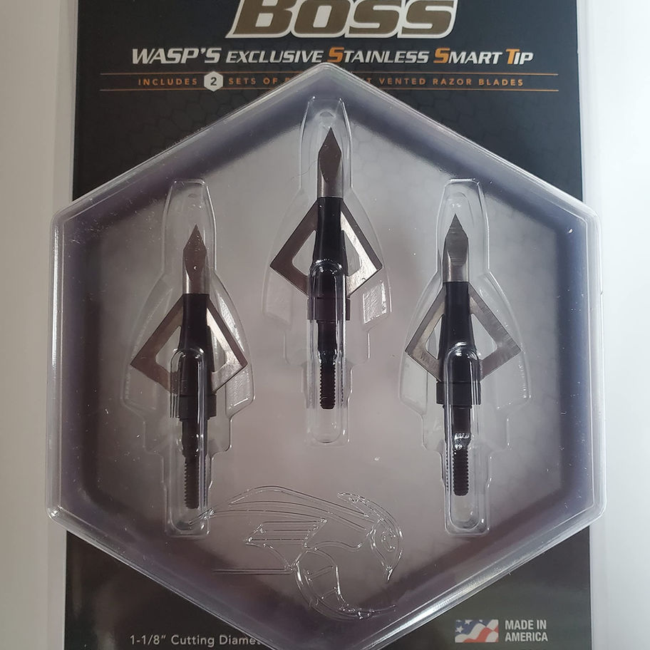 Three BOSS broadheads in packaging