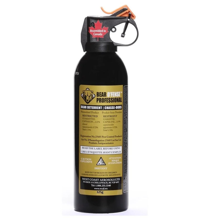 Black spray canister with orange safety trigger