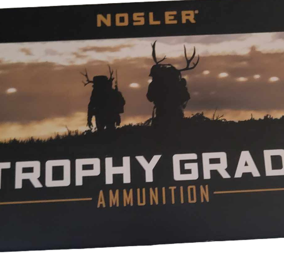 NOSLER TROPHY GRADE AMMUNITION box, hunters against sunset