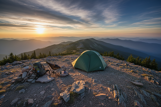 Green tent on rocky mountain peak at sunset, scenic mountain vista.