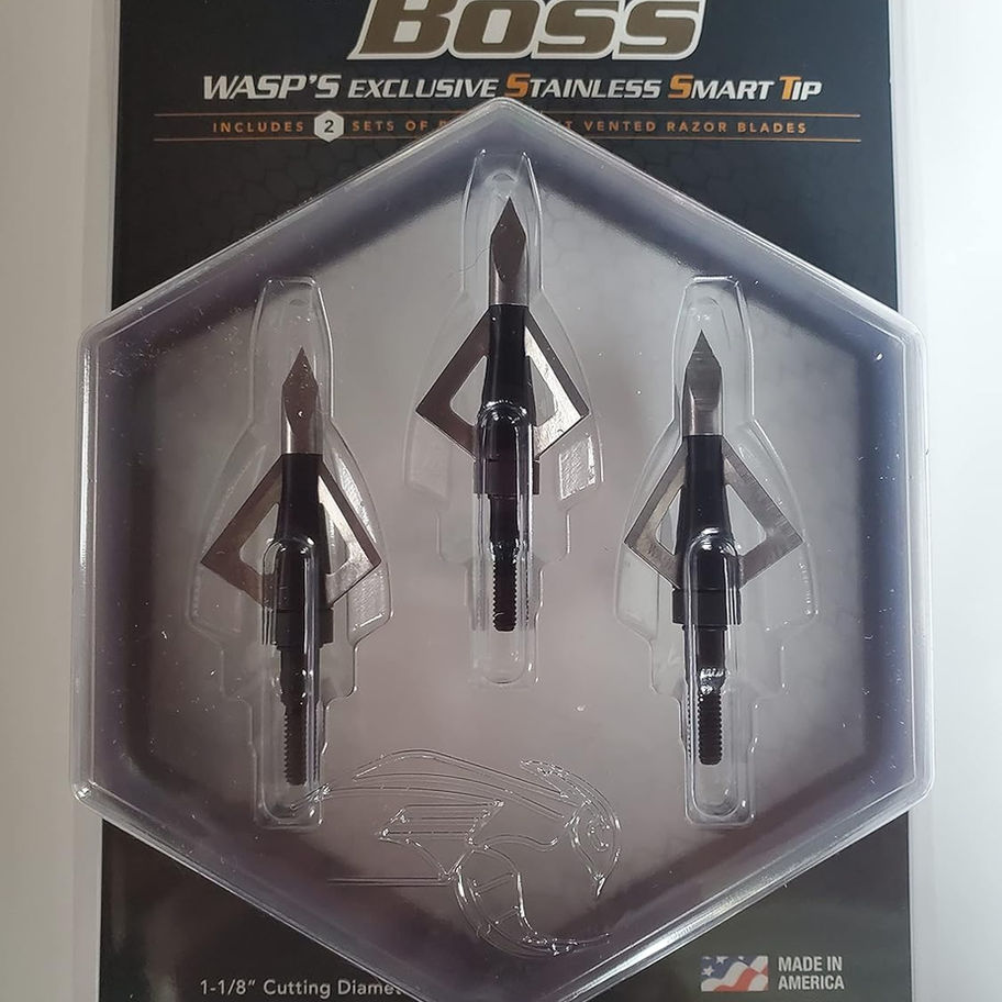 Three BOSS stainless smart tip broadheads in package