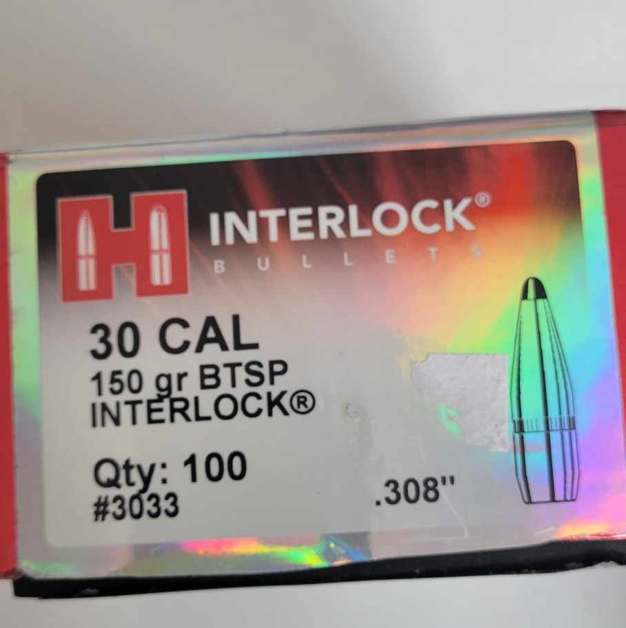 Hornady Interlock 30 Cal 150 GR BTSP bullets, 100 count