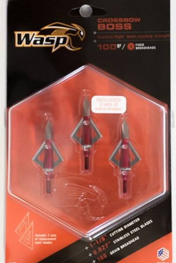 Package of three red and gray broadheads