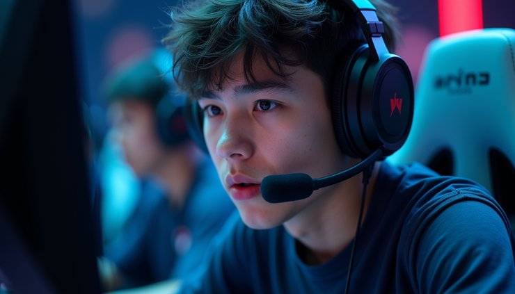 Close-up of a professional Thai esports player focused on a computer screen during a tournament