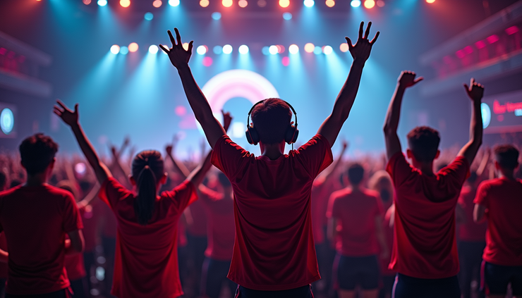 High angle view of a Thai esports team celebrating a victory on stage