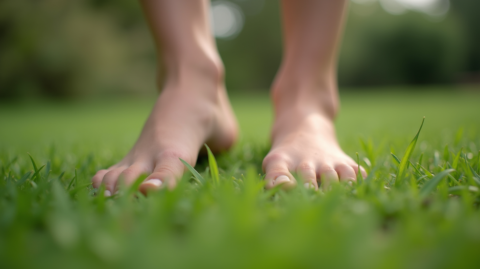 Close-up view of a person’s feet on grass, wiggling toes