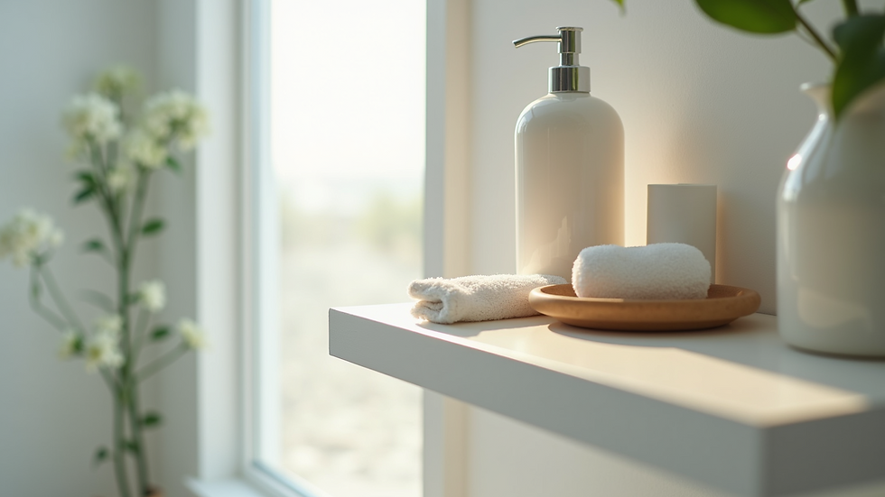 Close-up view of clean bathroom essentials on a shelf