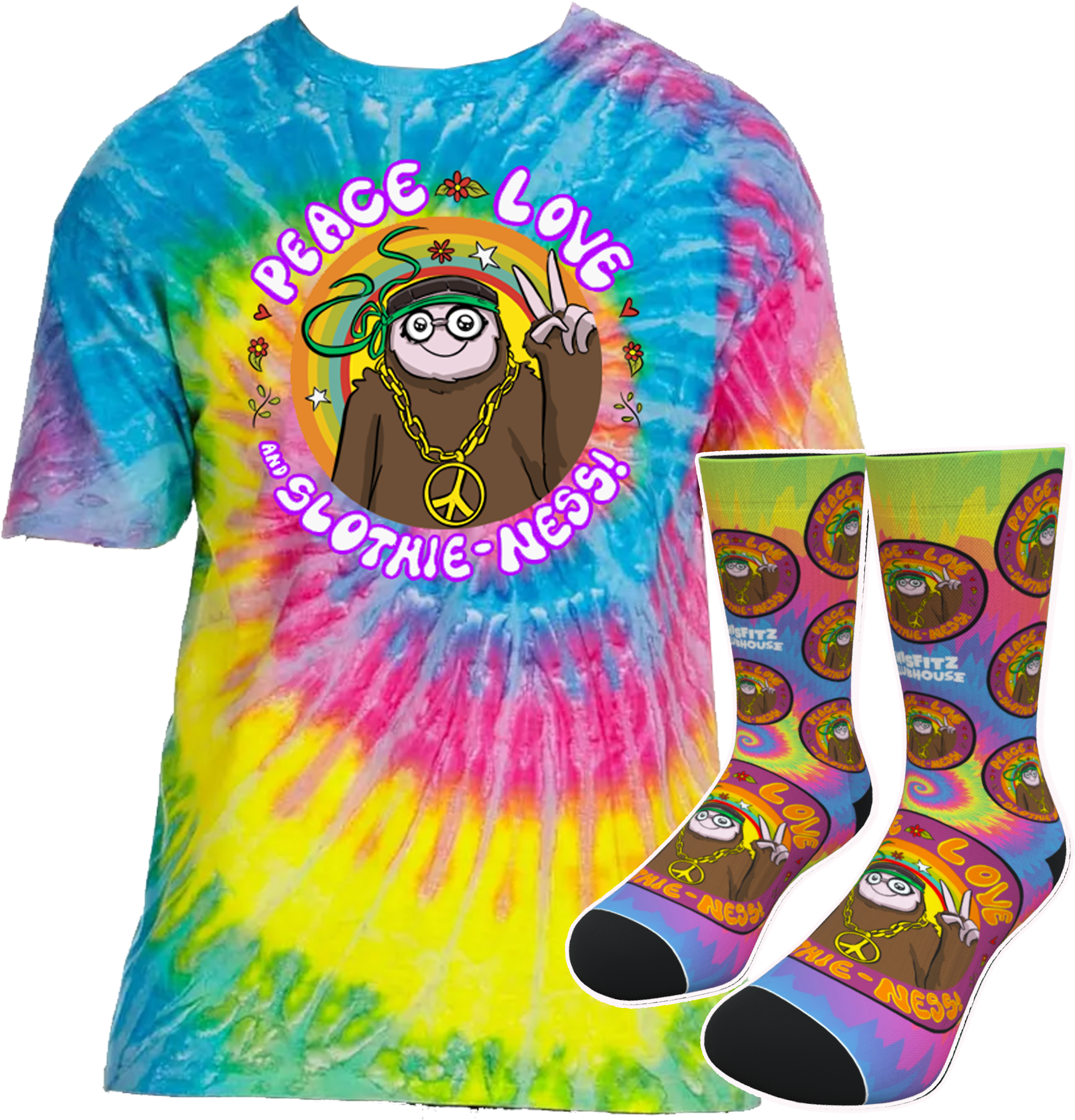 SHIRT & SOCK BUNDLE: PEACE LOVE & SLOTHIE-NESS! Tie-Dye (Misfitz Clubhouse)