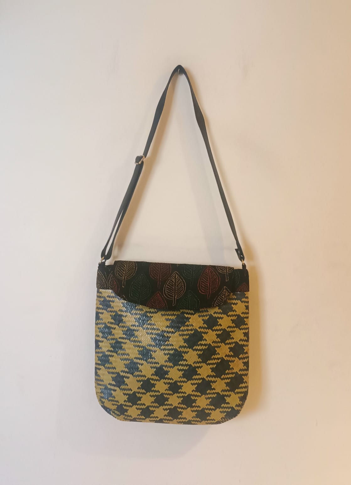 Bag: Green-yellow Sitalpati shoulder bag with Kantha-fabric accent