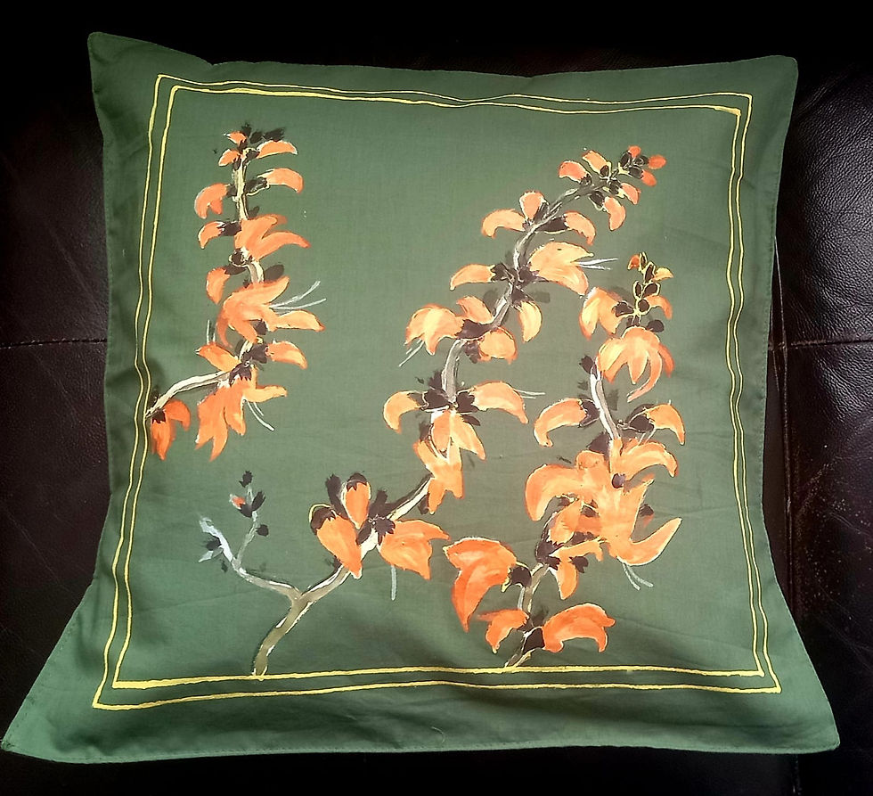 Accessory: Orange flowers hand-painted on green cotton cushion cover