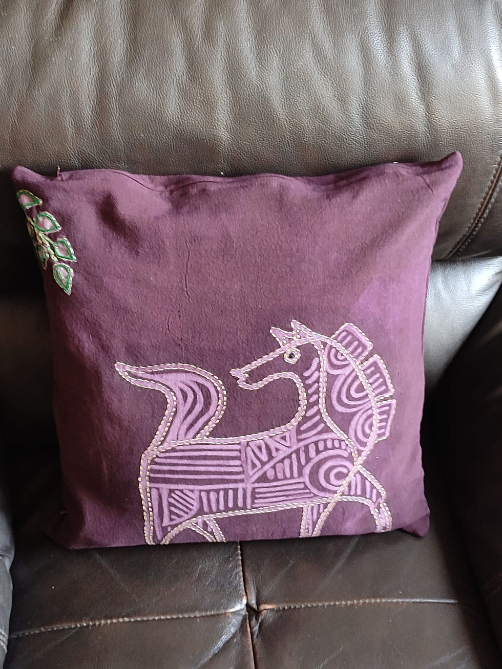 Accessory: Brown Batik cotton cushion cover with yellow thread highlights