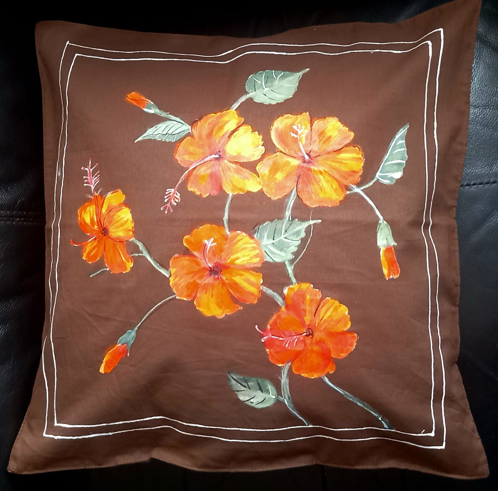 Accessory: Orange and yellow flowers hand-painted on brown cotton cushion cover