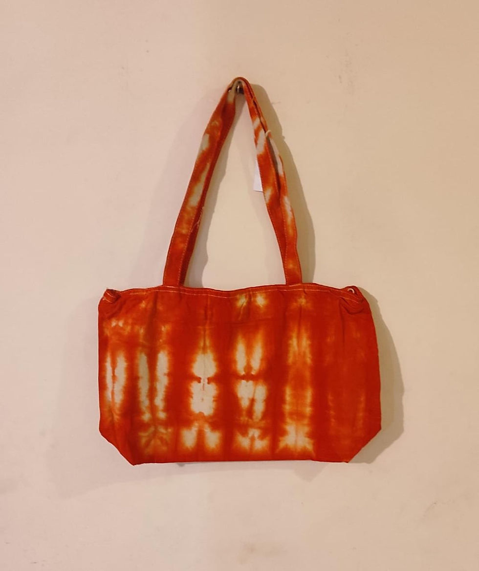 Thumbnail: Bag: Orange cotton tie-dye bag with Kantha-embroidered pocket