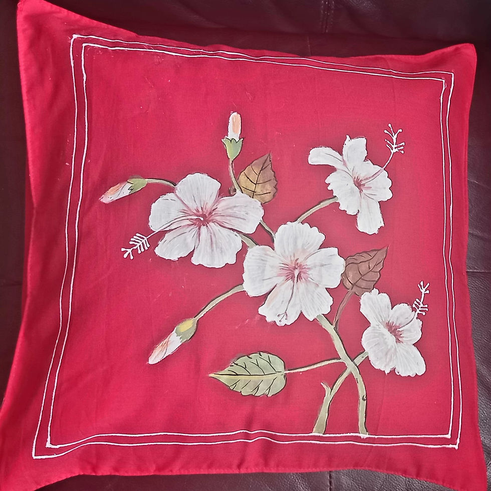 Accessory: White hibiscus flowers hand-painted on red cotton cushion cover
