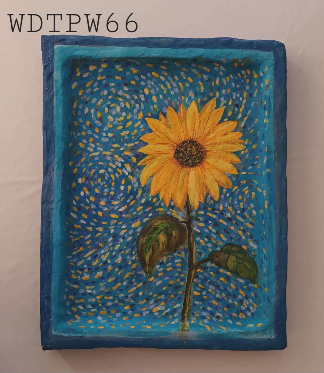 Wall Decor: Sunflower on blue painted on wood-mache plaque