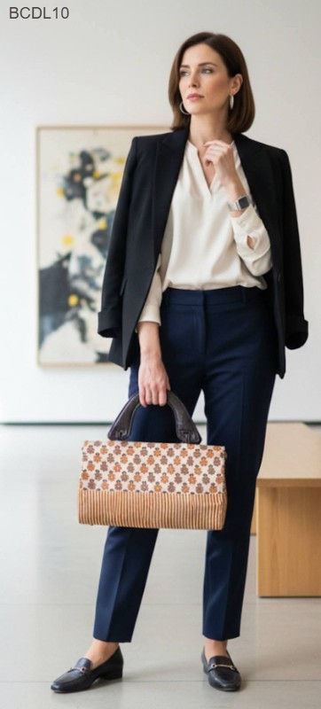 Bag: White and orange tussar duffle bag with leatherite handle