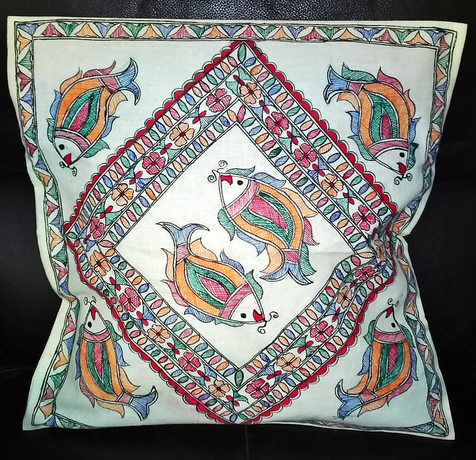 Accessory: Colorful Madhubani-painted, white cotton cushion cover