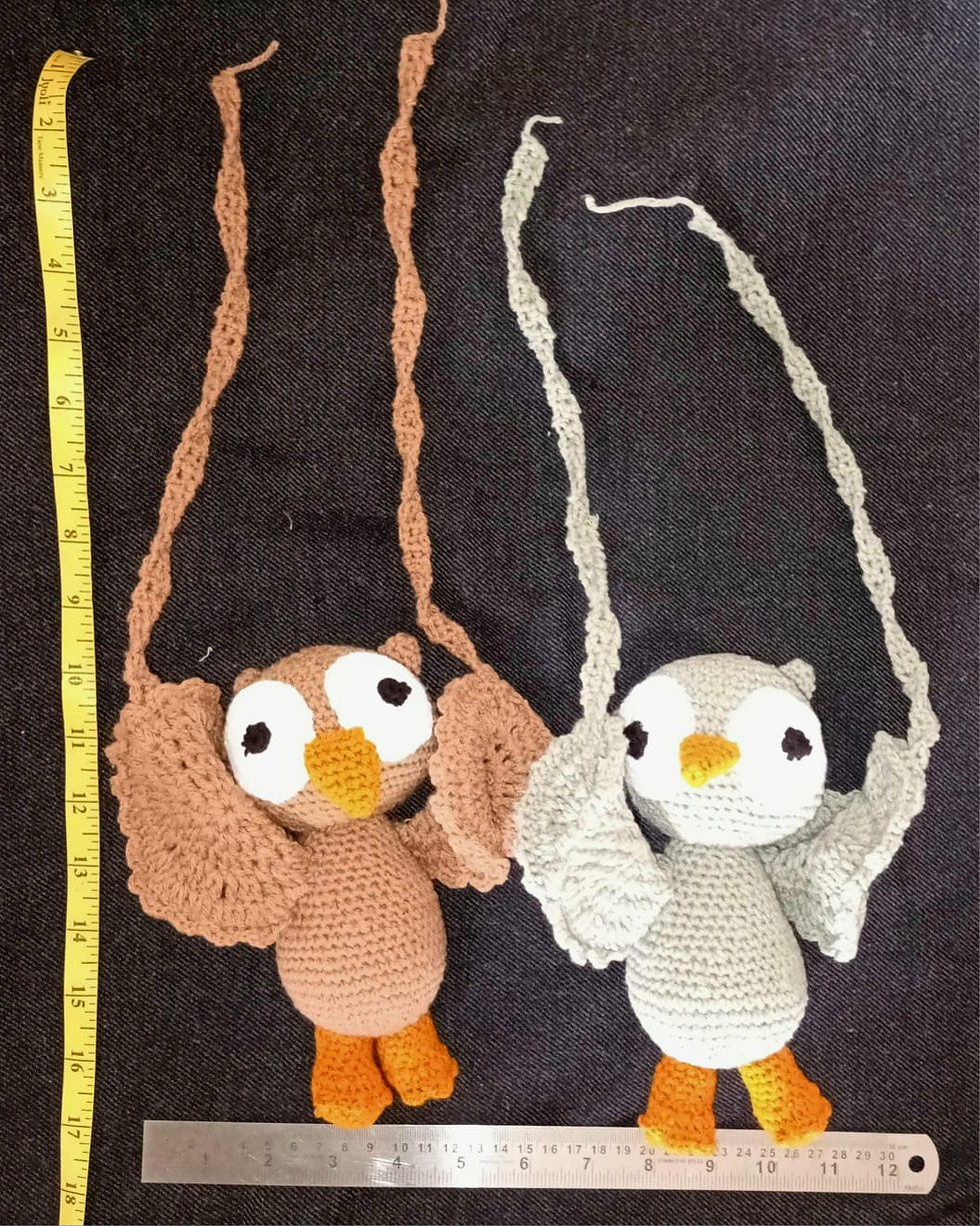 Thumbnail: Accessory: Grey, white and orange soft toy crochet bird
