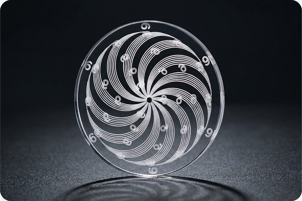 Transparent disc with swirling white patterns and numbers on a dark background, creating an abstract, symmetrical design.
