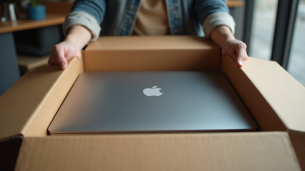 Eye-level view of a laptop being packed in a shipping box