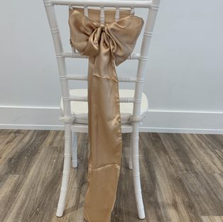 Champagne Satin Chair Sash on White Chiavari Chair for Rent in Paducah, KY