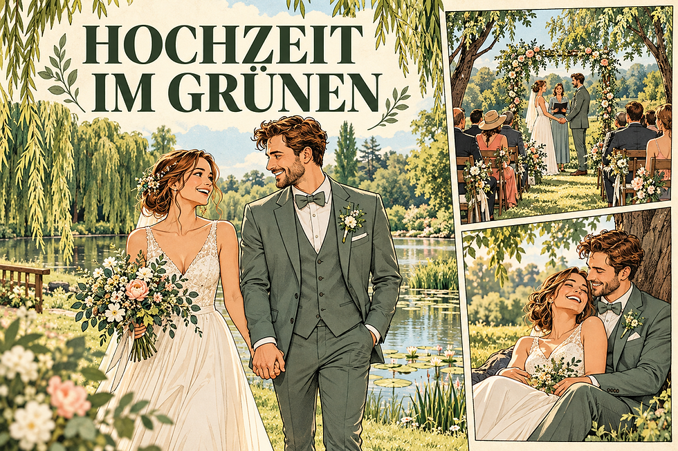 Comic-Illustration: Heiraten im Deichgraf Düsseldorf: Paarfotos zwischen Grün und Feier