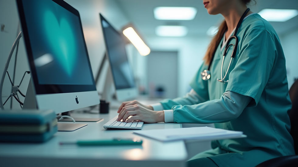 Eye-level view of a nurse's workspace with medical tools and a computer
