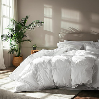 Neutral textured comforter layered on a cozy bed with soft pillows and warm lighting for an elevated bedroom refresh.
