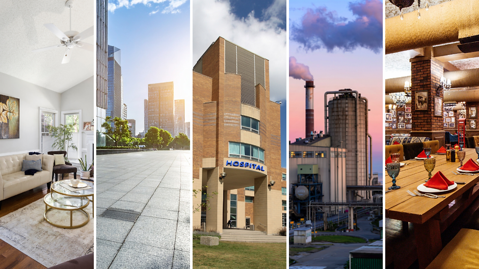 Collage of five scenes: a cozy living room, sunny urban street, hospital entrance, industrial plant at sunset, and a decorated restaurant table.