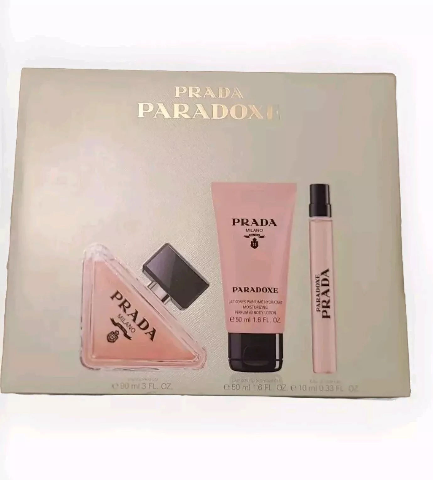 PRADA PARADOXE 3 PC GIFT SET WITH 3 OZ EDT, 1.6 OZ BL, 0.33 OZ EDP