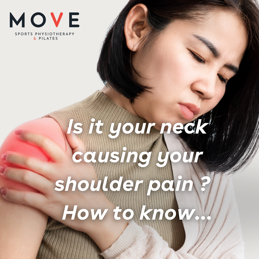 A woman touching her painful shoulder with a pained expression. Text overlay: "Is it your neck causing your shoulder pain? How to know…"