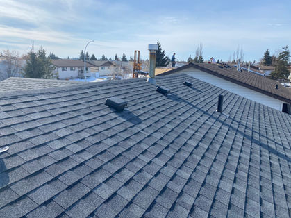 Roof with 3 vents and a chimney with blue skies