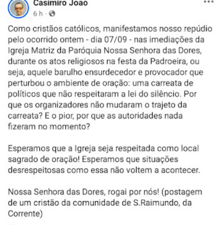 Paróquia de Nossa Senhora das Dores Manifesta Repúdio Contra Perturbações Durante Carreata de Belezinha.