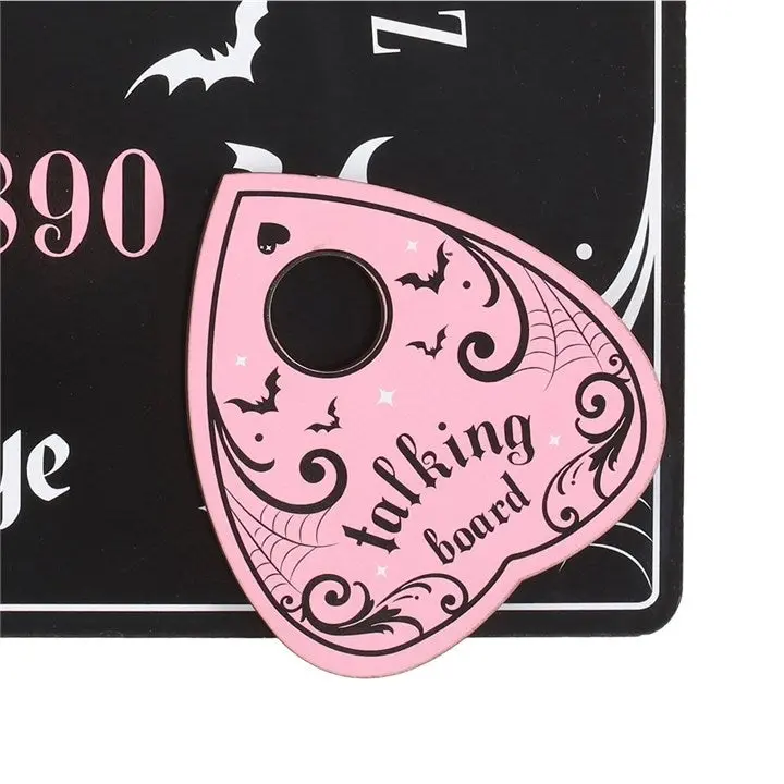Miniature : Détail de la goutte de planche ouija rose, motifs gothiques avec chauves-souris et arabesques, digne de Mercredi Addams