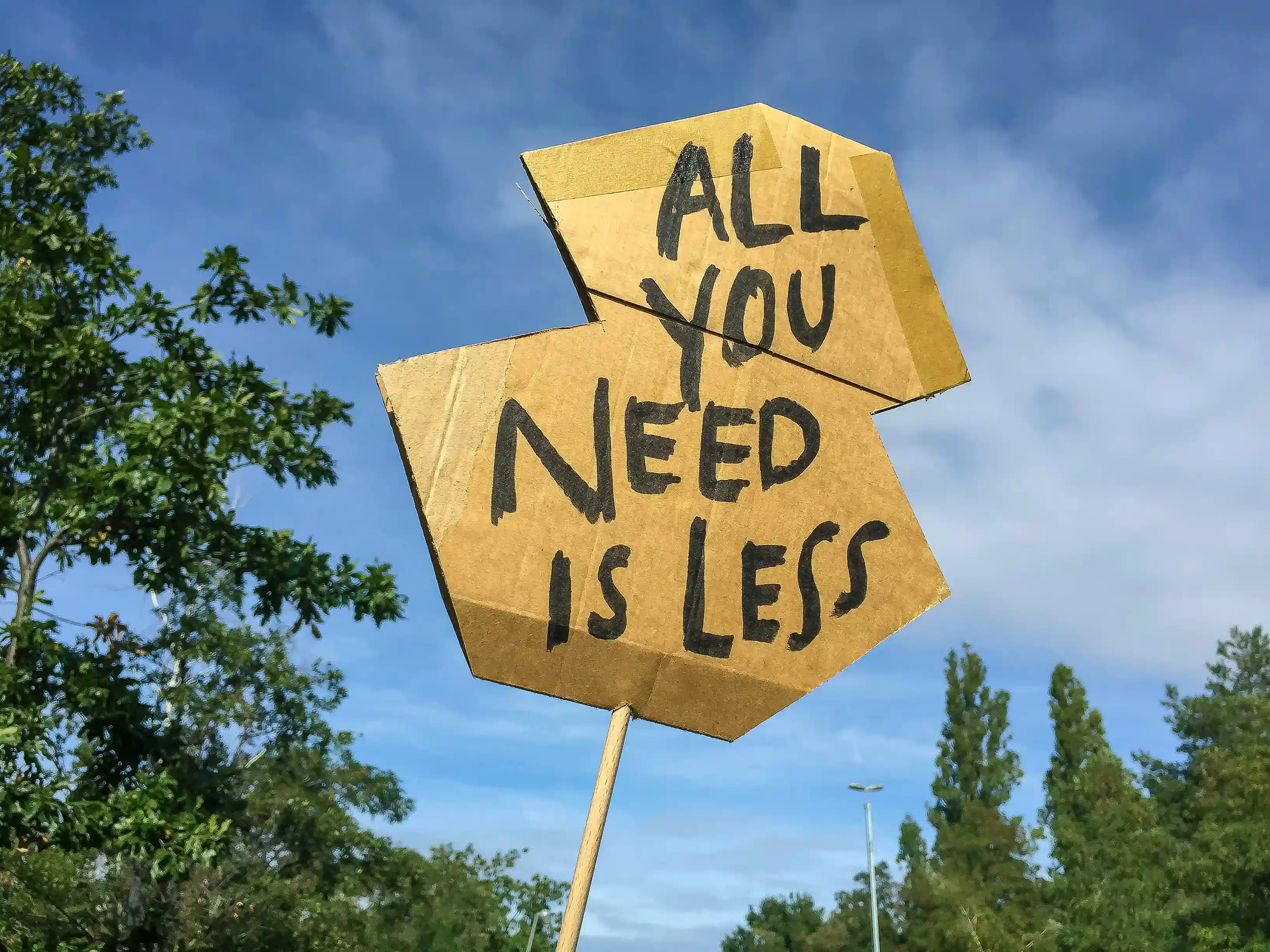 A cardboard sign with the text 'all you need is less' written in black ink