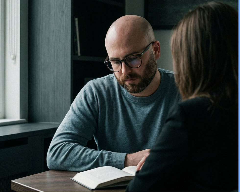 A man with glasses and a beard is reading a book at a table with a woman; both are seated indoors in a dimly lit room.