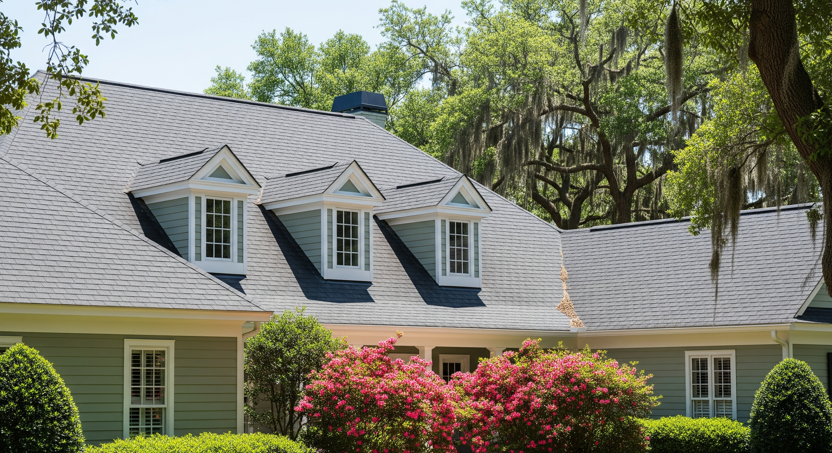 Clean charcoal-grey asphalt shingle roof free of black streaks on a Wilmington NC home