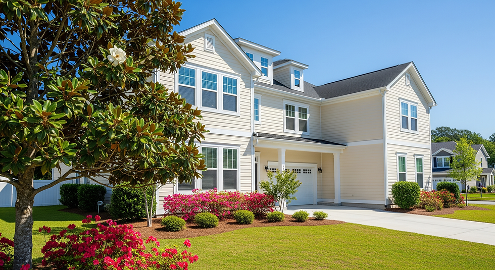pristine two-story home with clean windows, gutters, and driveway after exterior cleaning in Wilmington NC