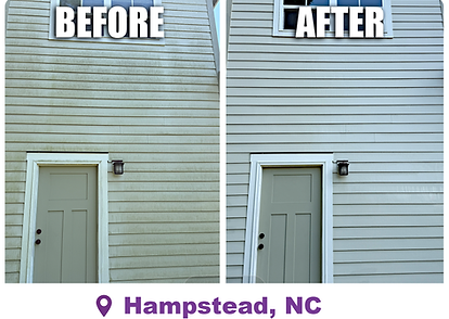 Before and after house washing in Hampstead, NC - green algae removed from vinyl siding