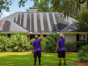 black algae streaks on roof shingles Wilmington NC home needing soft wash roof cleaning