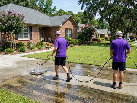 Professional crew pressure washing a concrete driveway in a Brunswick County NC neighborhood