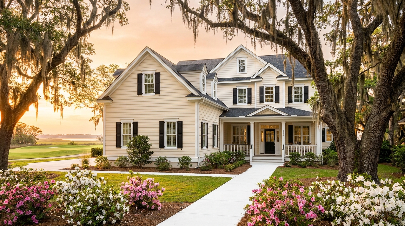 local exterior cleaners St. James Plantation Southport NC freshly washed two-story home under live oaks