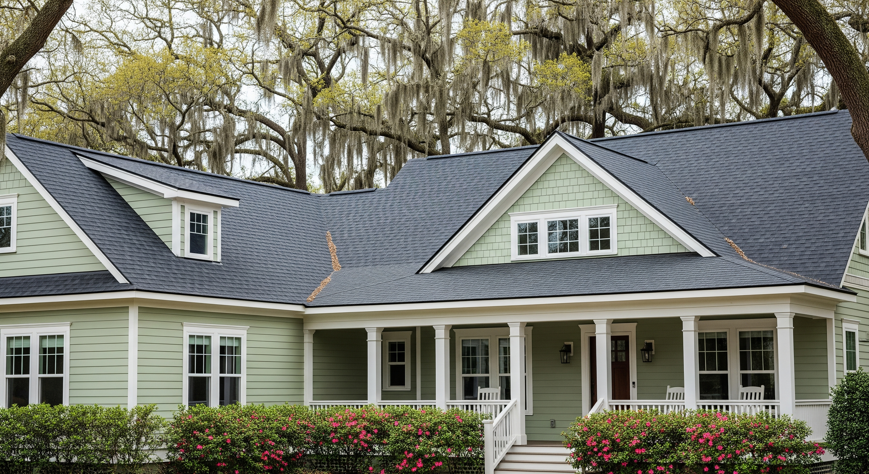 Clean charcoal-grey roof on a Leland NC home with no algae streaks